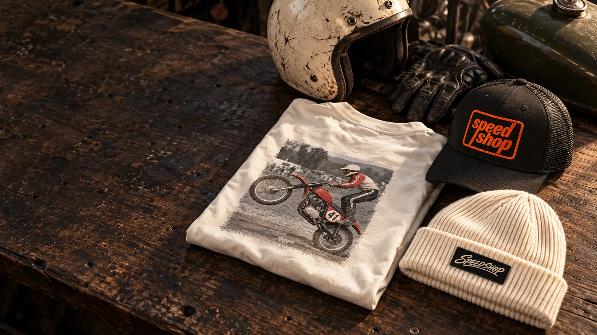 Campanha gerada: camiseta High Front, boné Trucker Icon e touca Cream Script sobre bancada.