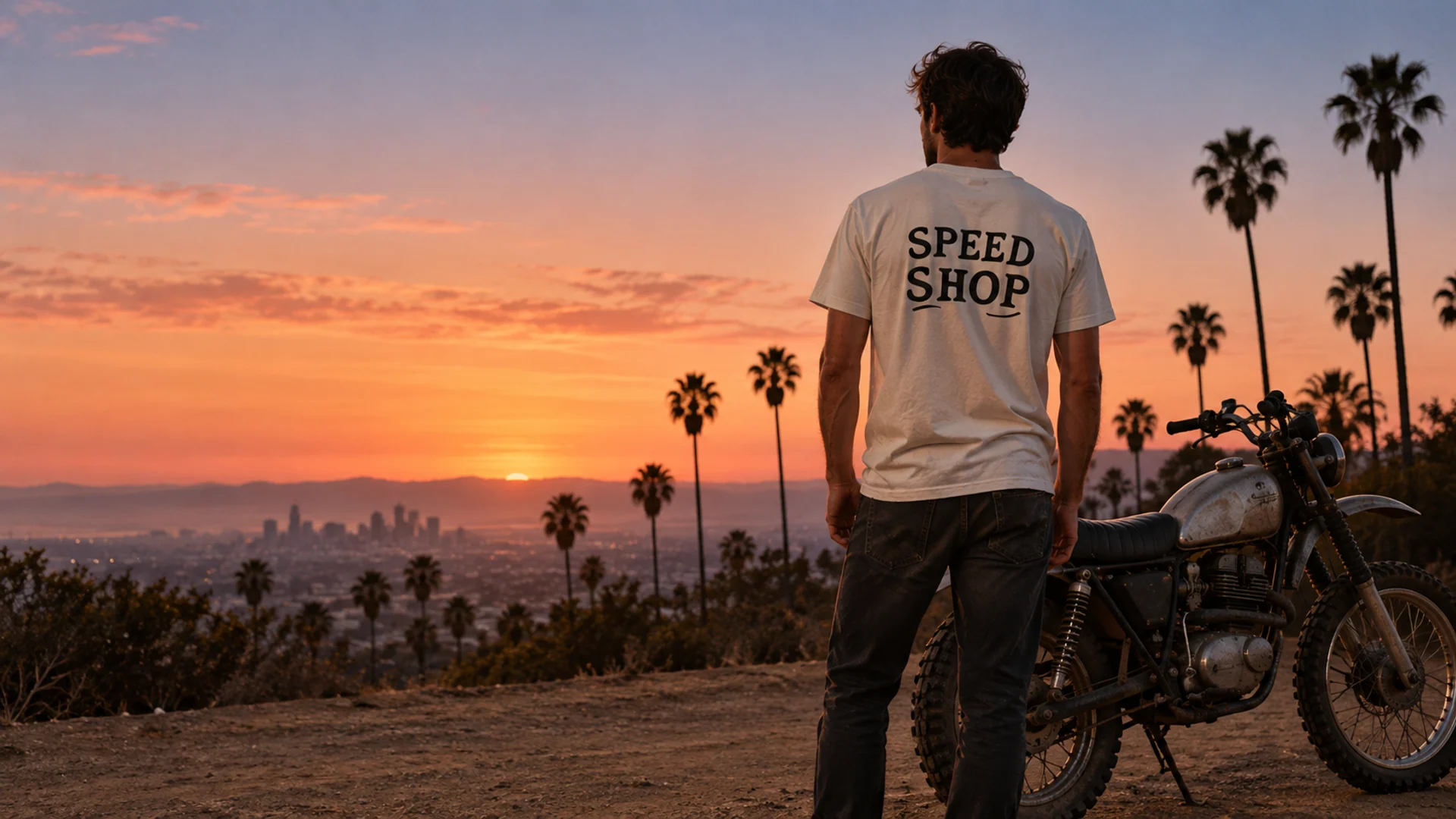 Campanha gerada: camiseta SPEEDSHOP, moto clássica e coqueiros ao pôr do sol.