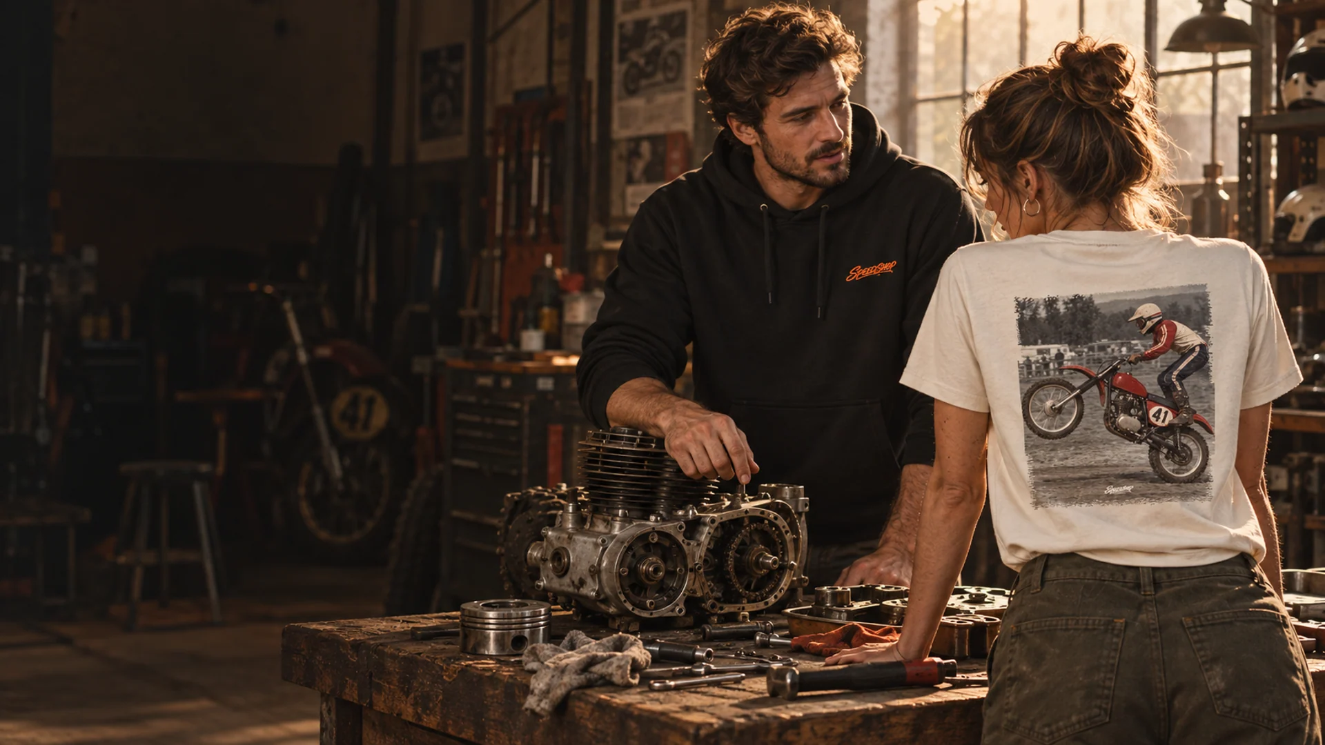 Campanha gerada: moletom SPEEDSHOP e camiseta High Front numa oficina de motos.